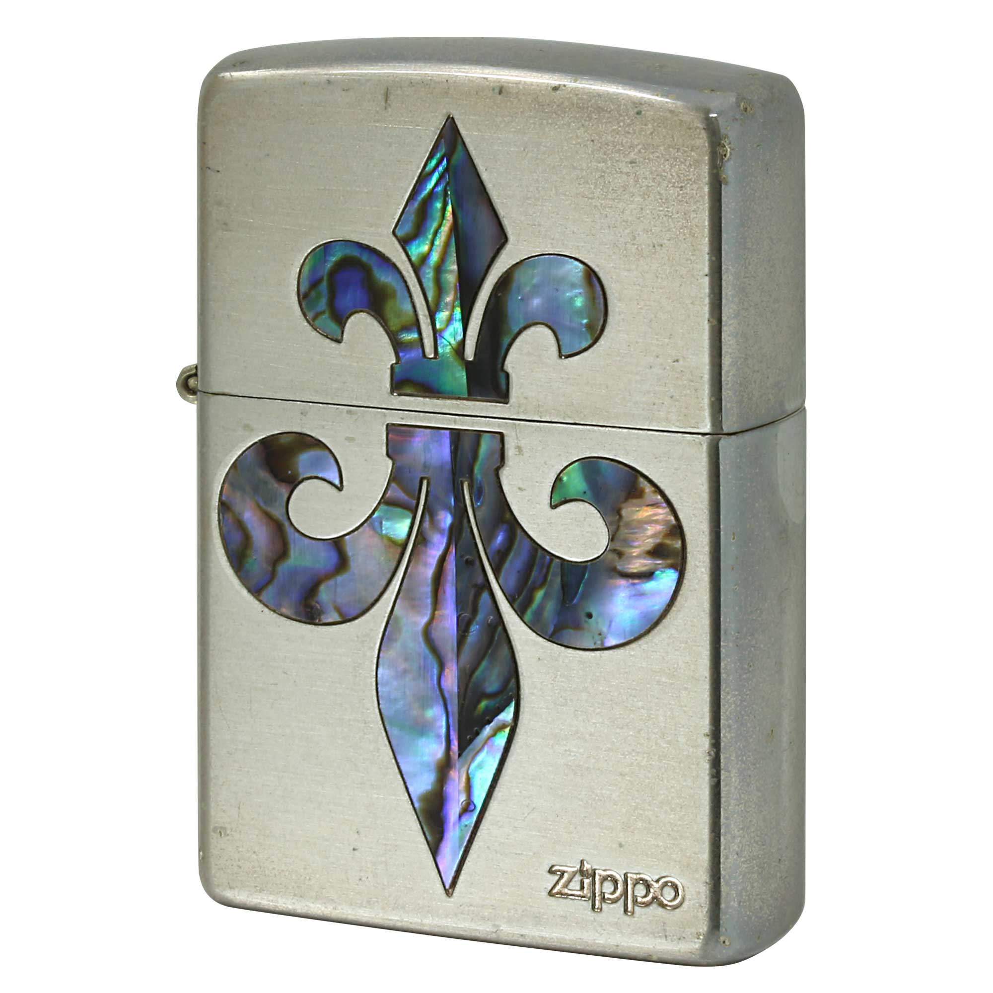 絶版/ヴィンテージ Zippo ジッポー 中古 2004年製造 ユリの紋章 貝貼り マーク つや消し 銀メッキ  [B]使用感ありやや傷汚れあり