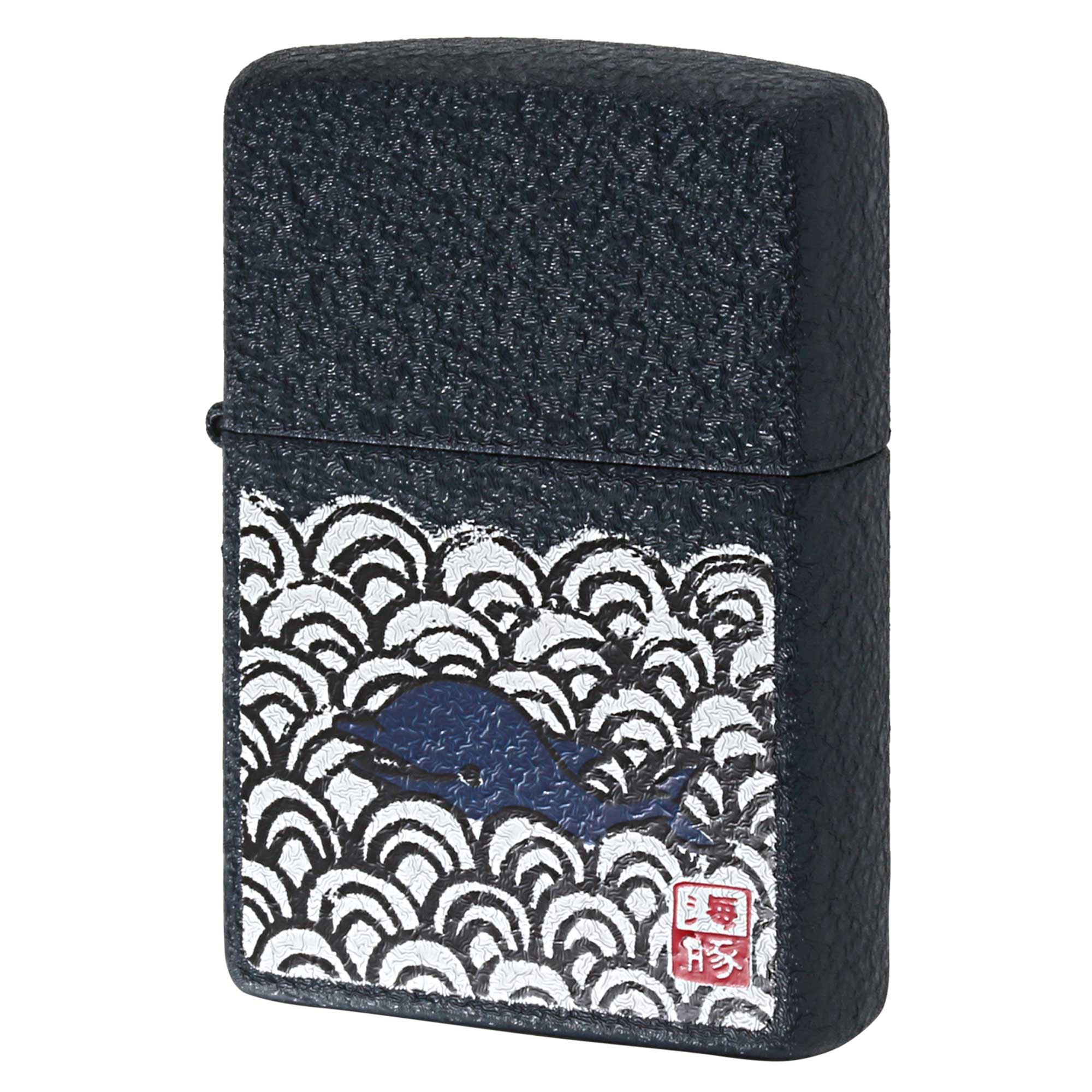 絶版/ヴィンテージ Zippo ジッポー 中古 2002年製造 海豚 イルカ 青海波 クラックル加工  [S]ほぼ新品同様