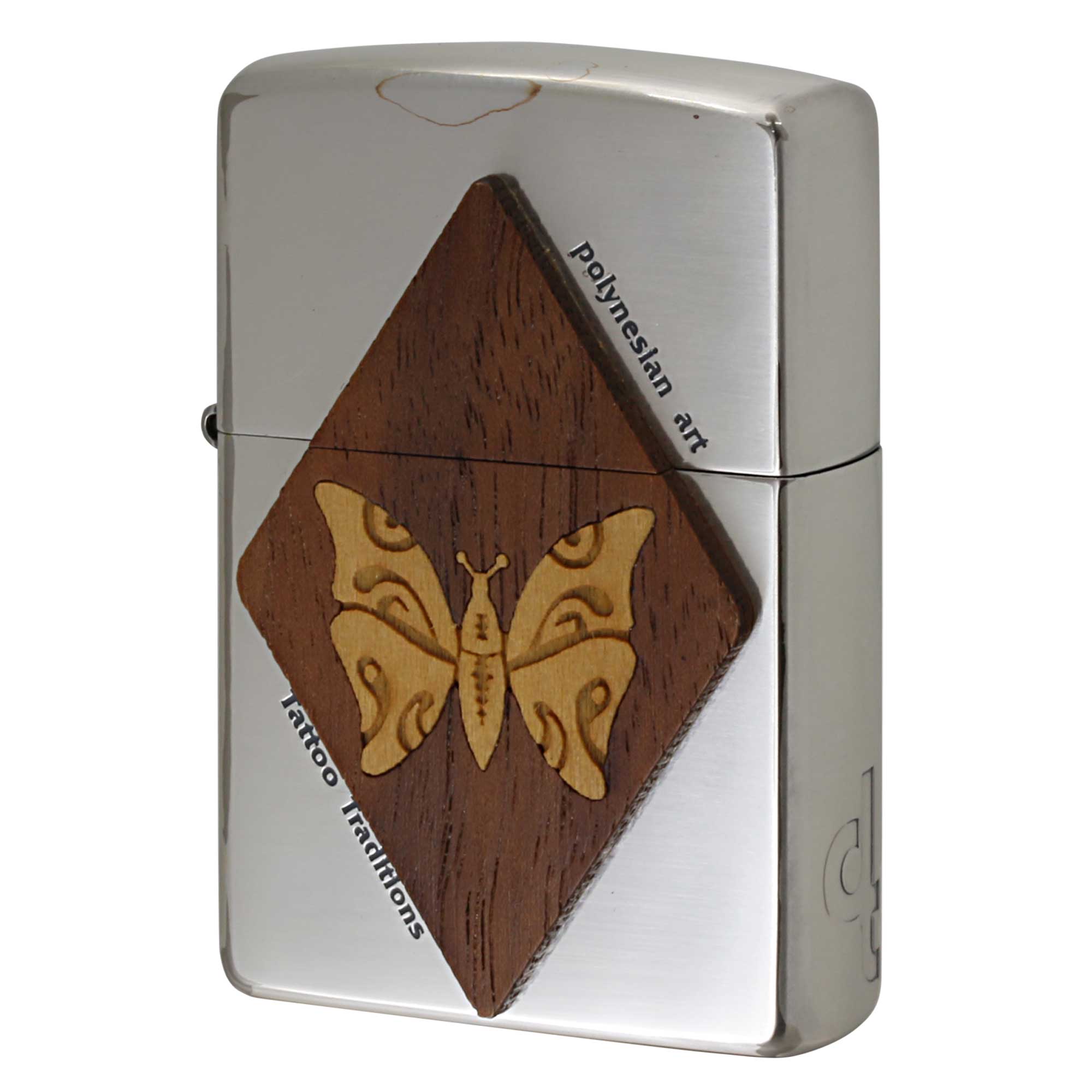 絶版/ヴィンテージ Zippo ジッポー 中古 2002年製造 ダウンタウン デザイン スタジオ ポリネシア文化アート 木目 バタフライ  [S]ほぼ新品同様