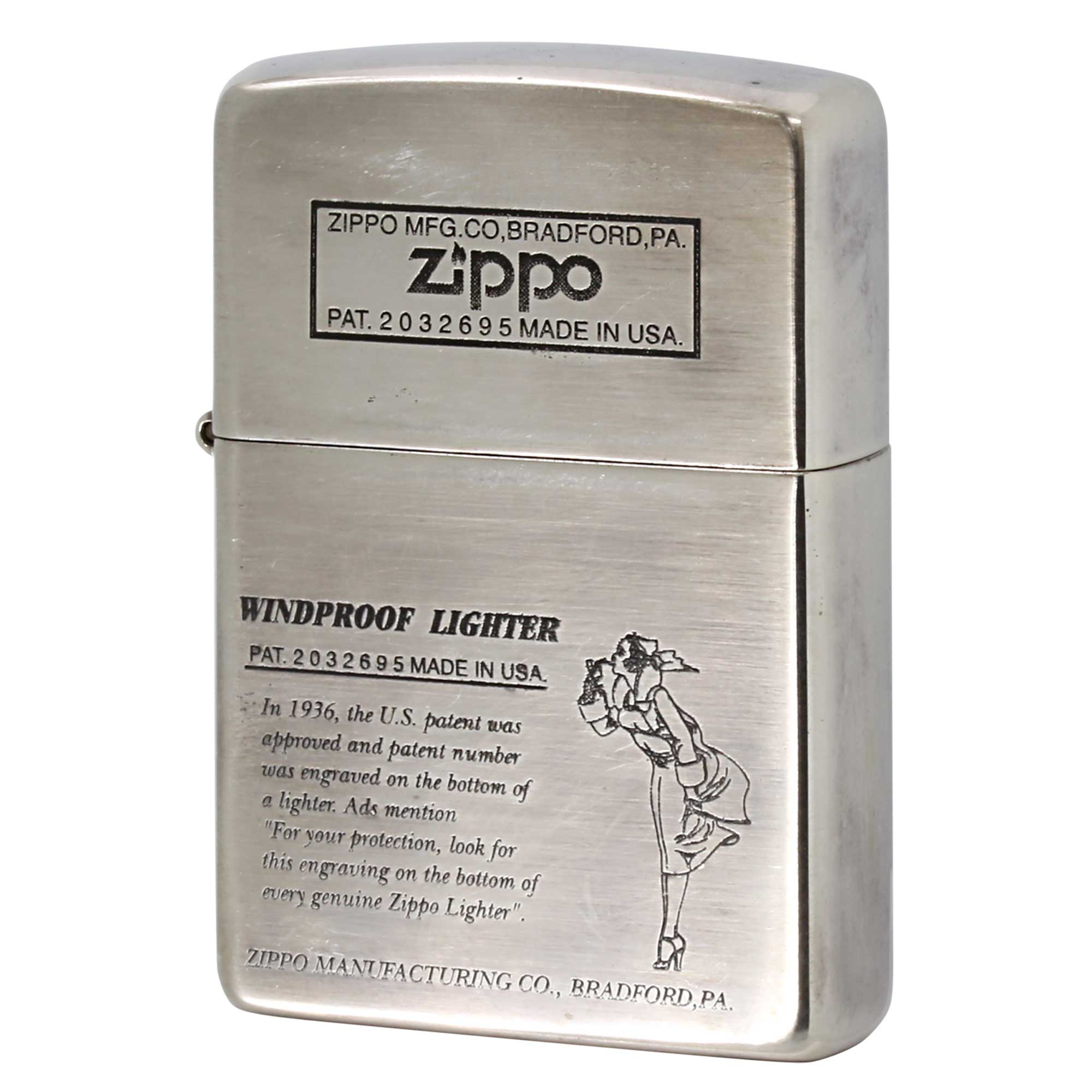 絶版/ヴィンテージ Zippo ジッポー 中古 2004年製造 Windy girl ウインディ 米国特許承認 シルバーサテン  [B]使用感ありやや傷汚れあり