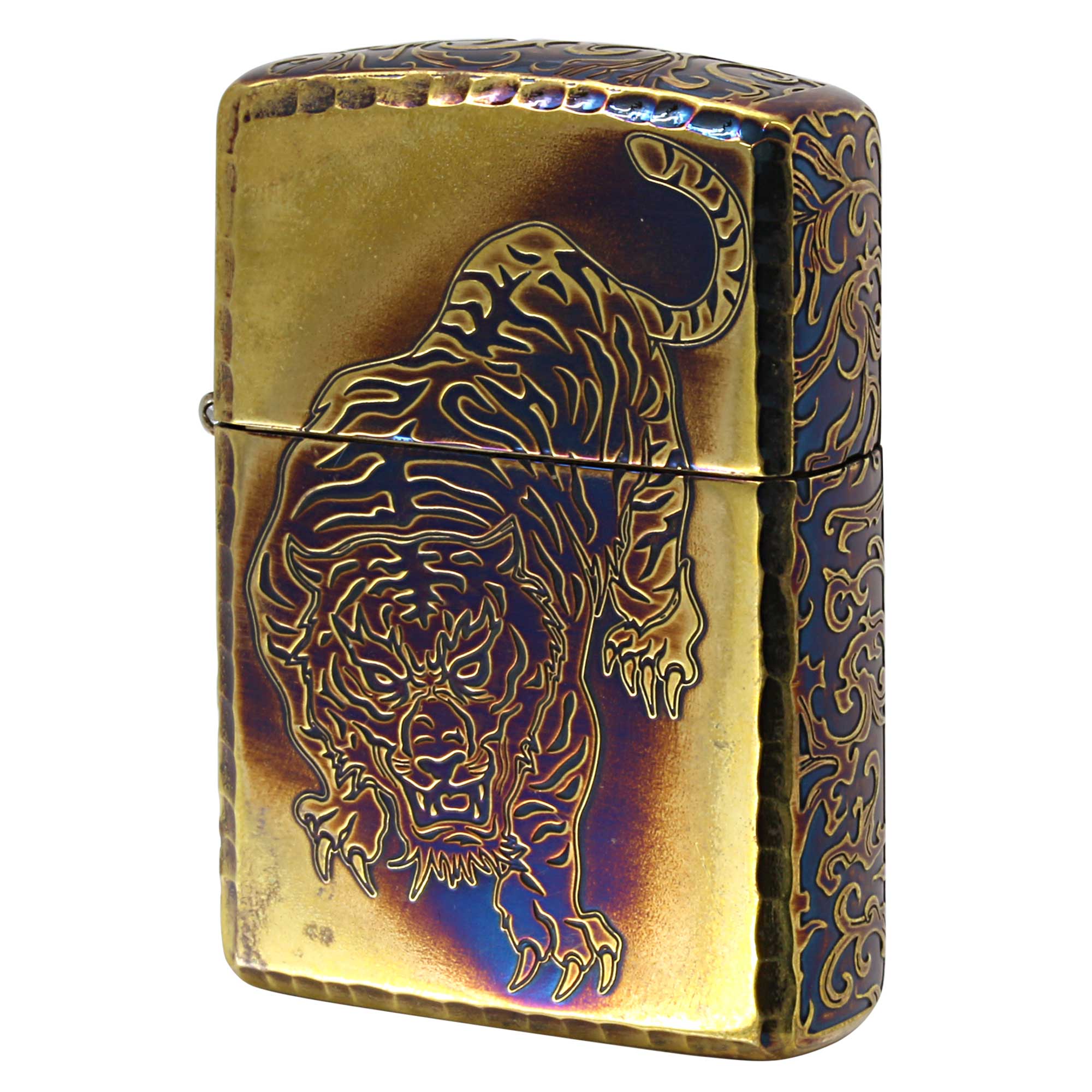 絶版/ヴィンテージ Zippo ジッポー 中古 2023年製造 ARMOR アーマー タイガー 虎 唐草 アラベスク ブラスいぶし ゴールドタンク  [C]使用感あり傷汚れあり