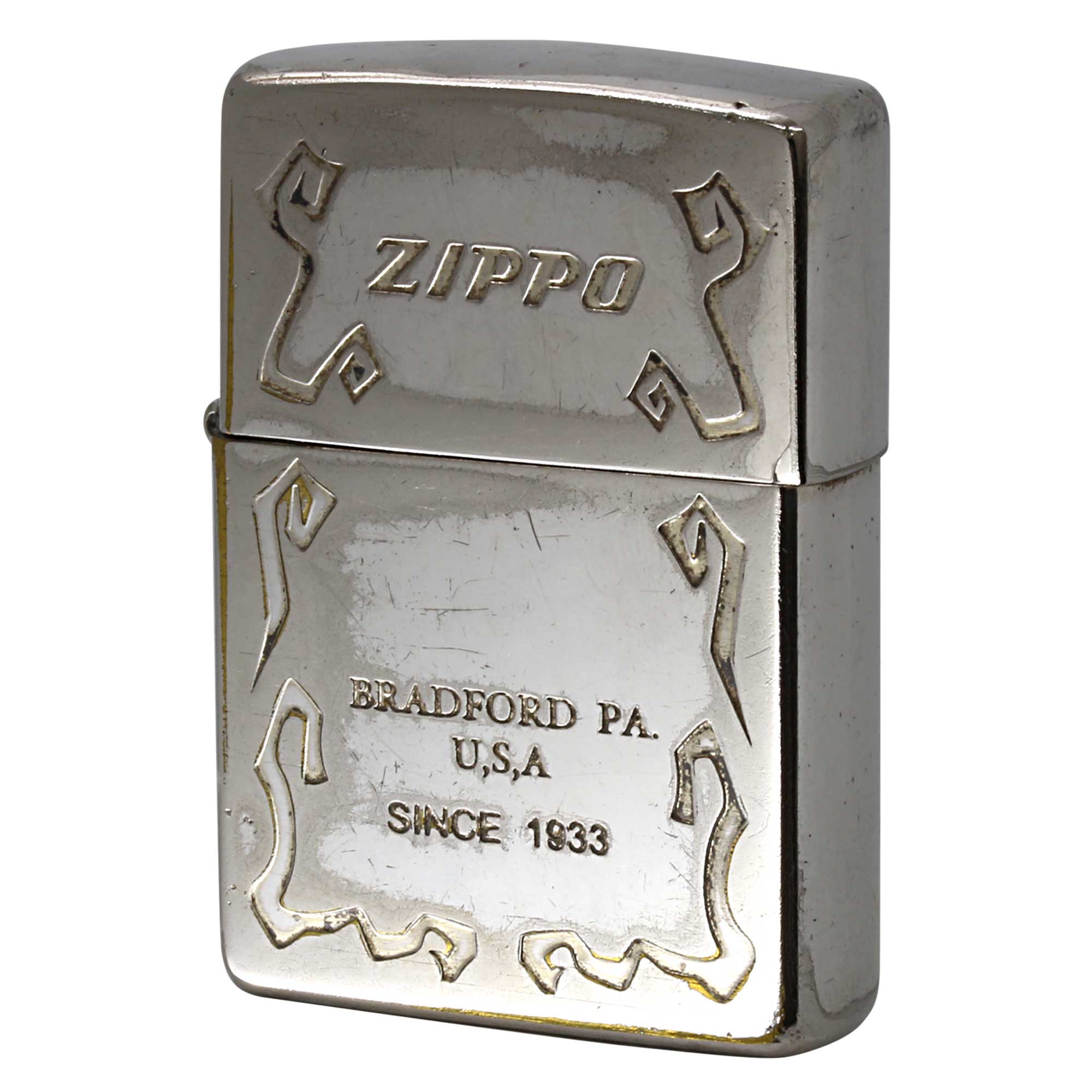 絶版/ヴィンテージ Zippo ジッポー 中古 1998年製造 幾何学蔦模様 ジッポロゴ  [C]使用感あり傷汚れあり