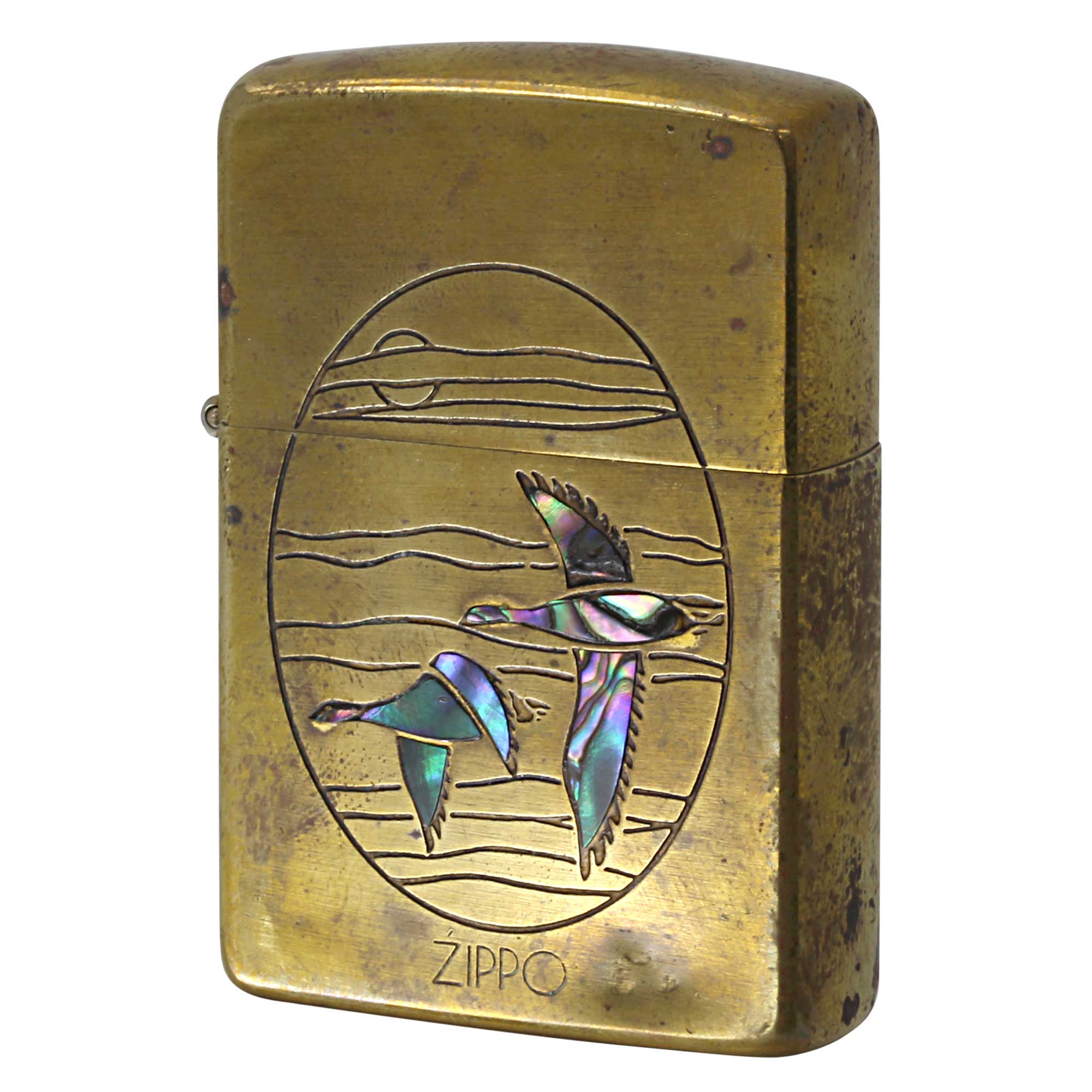 絶版/ヴィンテージ Zippo ジッポー 中古 1991年製造 鴨 貝貼り シェルインレイ ブラス ZIPPO LOGO  [C]使用感あり傷汚れあり
