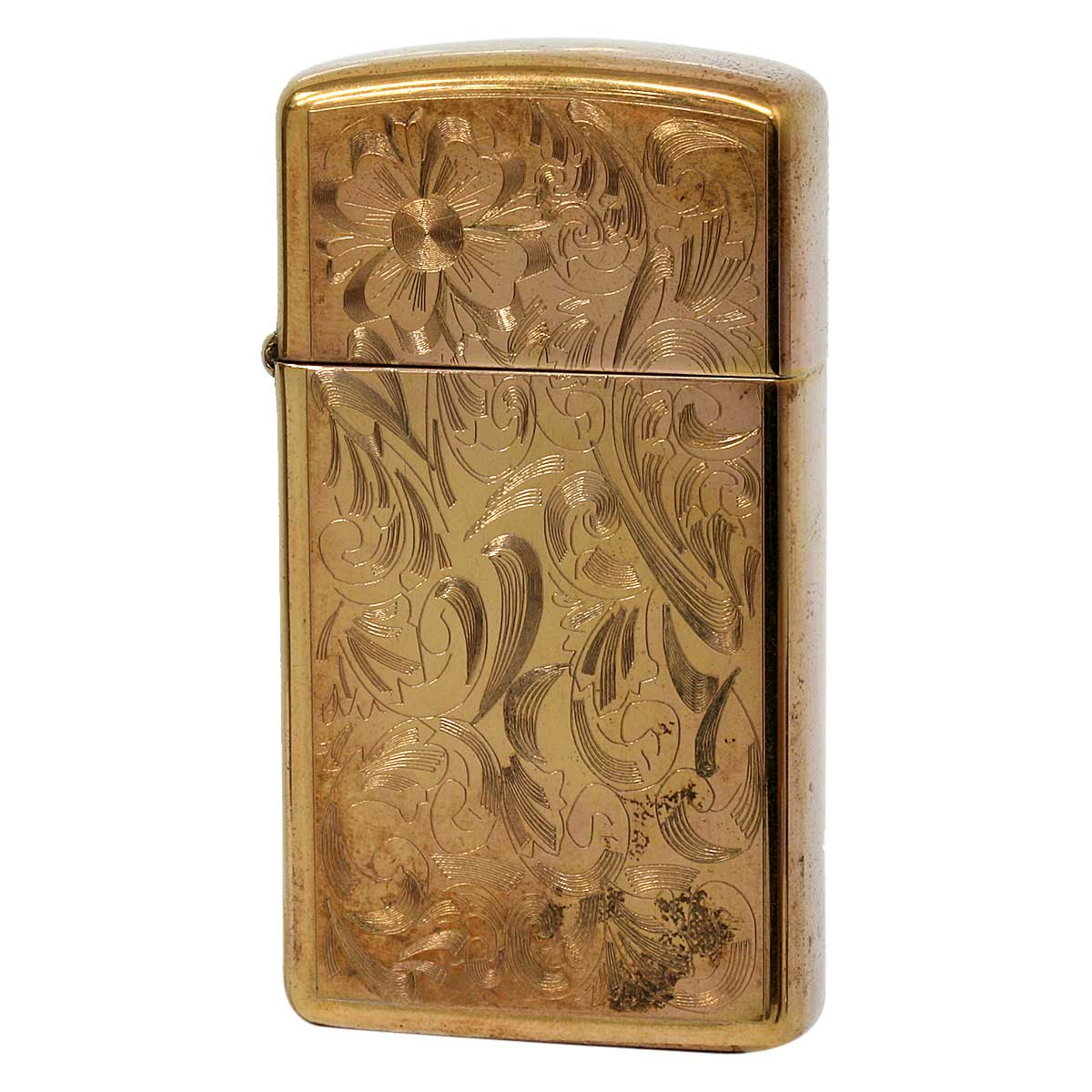 絶版/ヴィンテージ Zippo ジッポー 中古 1997年製造 スリム Gold Plate 彫刻  [C]使用感あり傷汚れあり