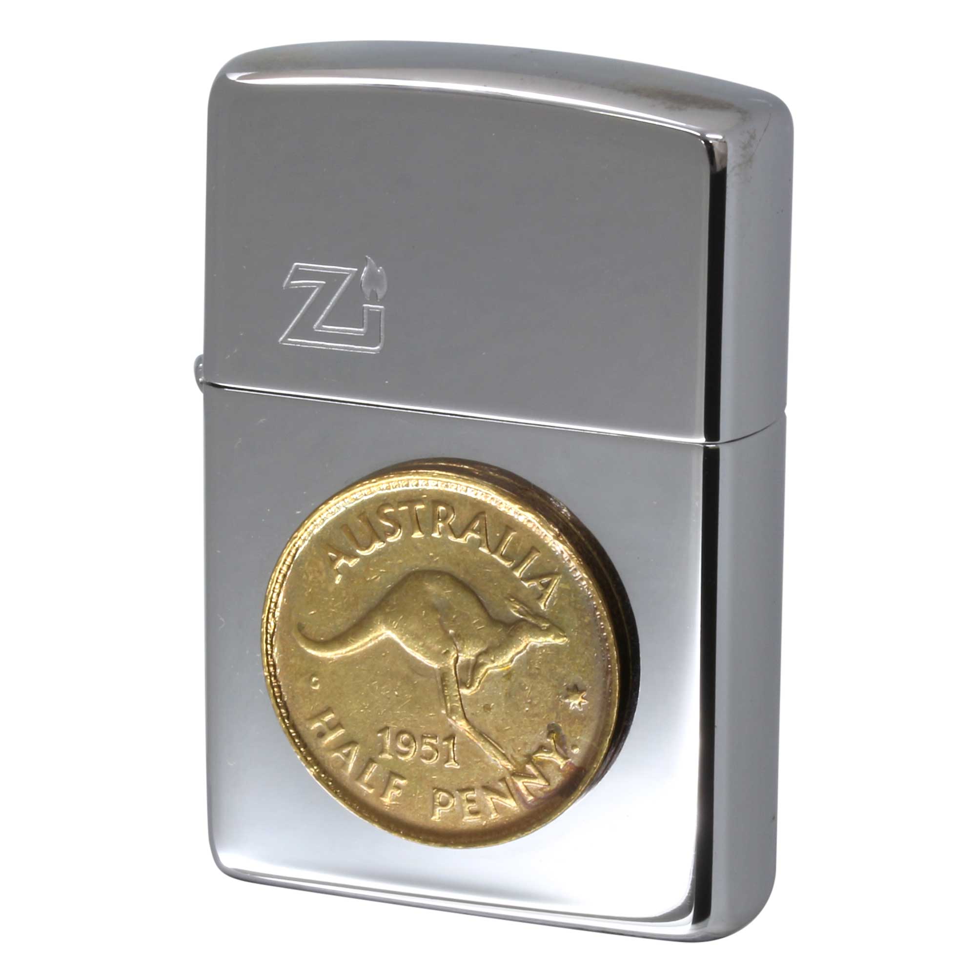 絶版/ヴィンテージ Zippo ジッポー 中古 1995年製造 オーストラリア 1951年 ハーフ ペニー コイン貼り 210-14BW  [S]ほぼ新品同様
