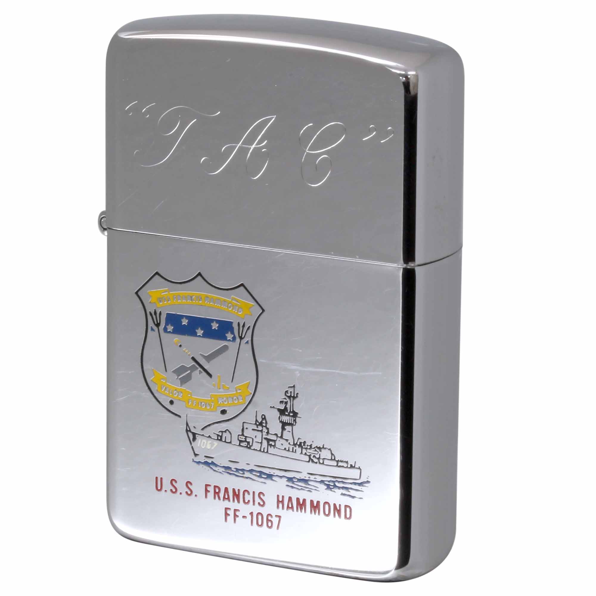 絶版/ヴィンテージ Zippo ジッポー 中古 1986年製造 アメリカ海軍 フリゲート艦 フランシス・ハモンド U.S.S.  FRANCIS HAMMOND FF-1067  [C]使用感あり傷汚れあり