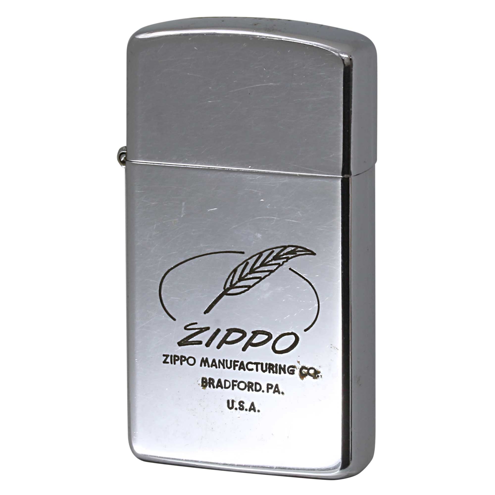 絶版/ヴィンテージ Zippo ジッポー 中古 1989年製造 手掘り風羽 ZIPPOロゴ スリム  [C]使用感あり傷汚れあり