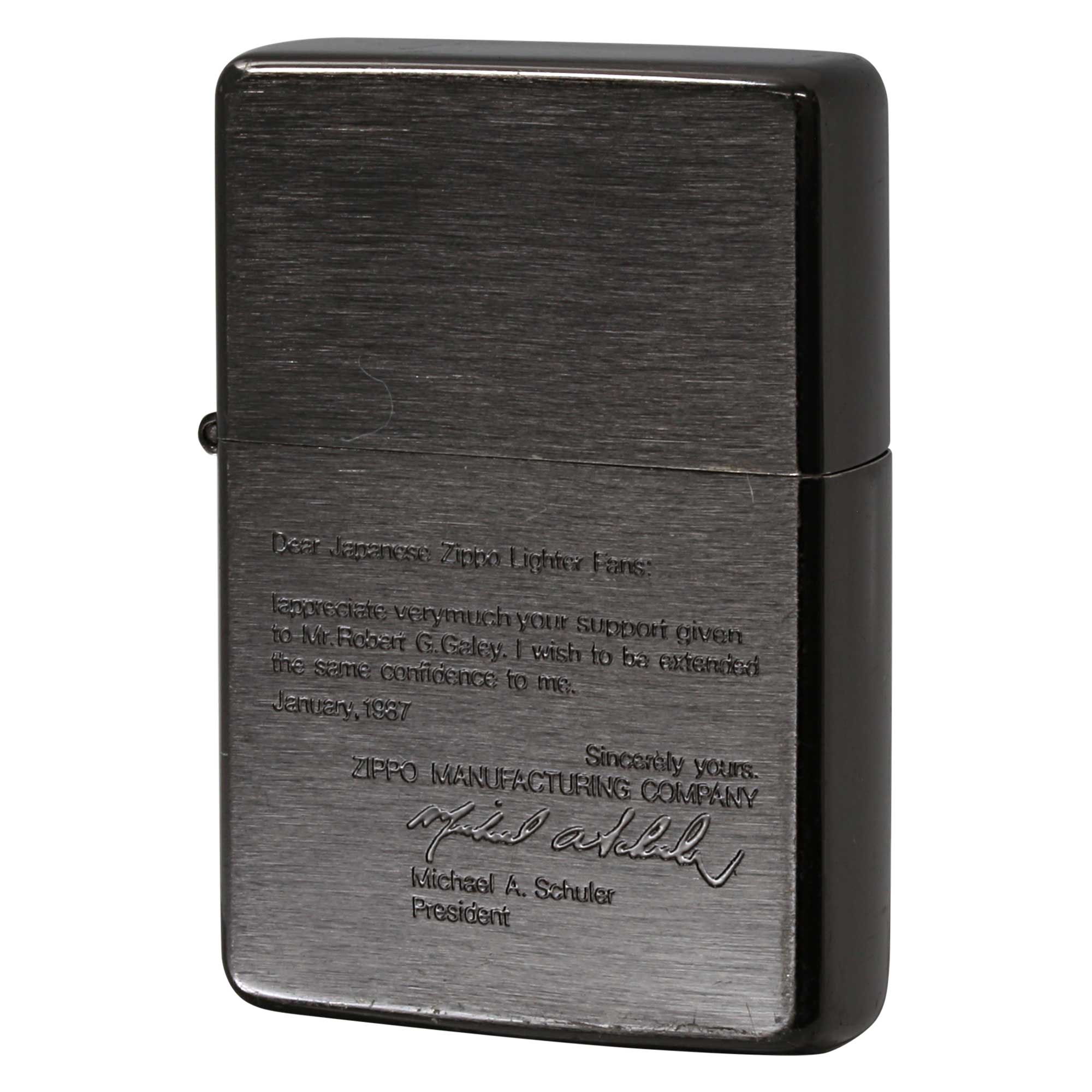 絶版/ヴィンテージ Zippo ジッポー 中古 1990年製造 フラットトップ 3代目社長サイン MICHAEL.A.SCHULER メッセージ BK  [C]使用感あり傷汚れあり