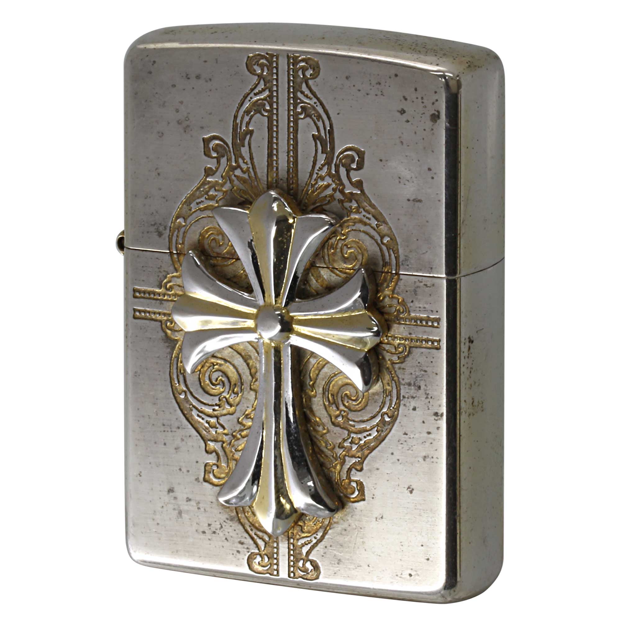 絶版/ヴィンテージ Zippo ジッポー 中古 2009年製造 クロス 十字架 Cross クロスコンビメタル サテン ゴールド No.4  [C]使用感あり傷汚れあり