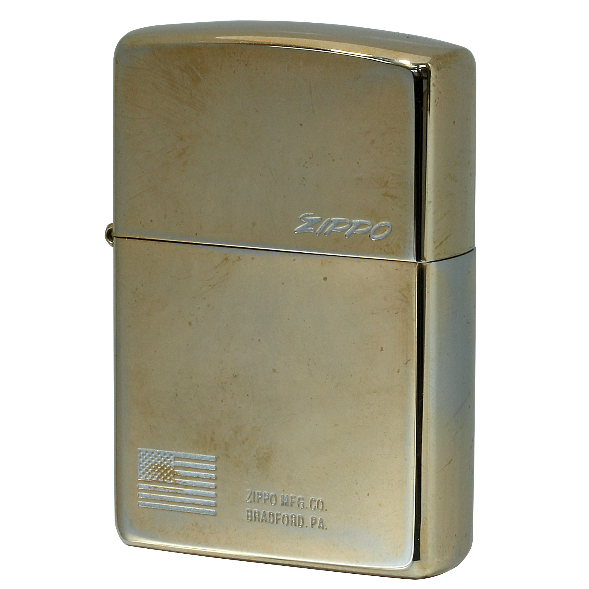 絶版/ヴィンテージ Zippo ジッポー 中古 2001年製造 USA国旗 ZIPPO LOGO ゴールド  [C]使用感あり傷汚れあり