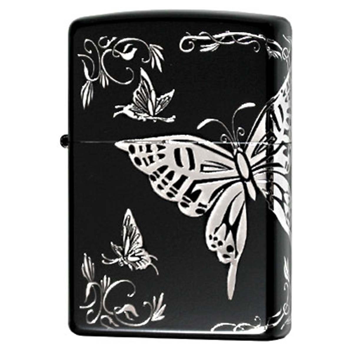 Zippo ジッポー 蝶々 バタフライ アラベスク 唐草 3面連続加工 イオンマットBK 銀サシ 2BTF-B メール便可