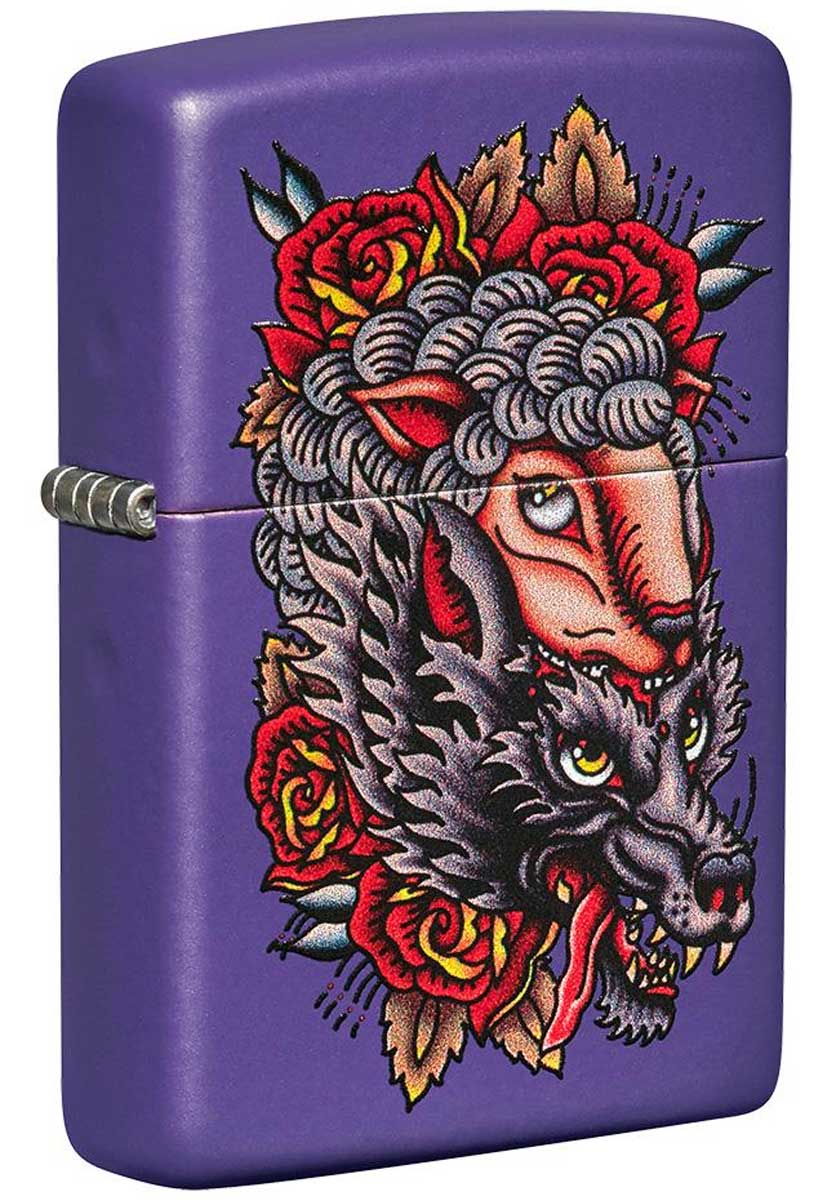 Zippo ジッポー 狼 ウルフ 羊 タトゥー Wolf Design 羊の皮をかぶったオオカミ パープルマッチ 49413 メール便可