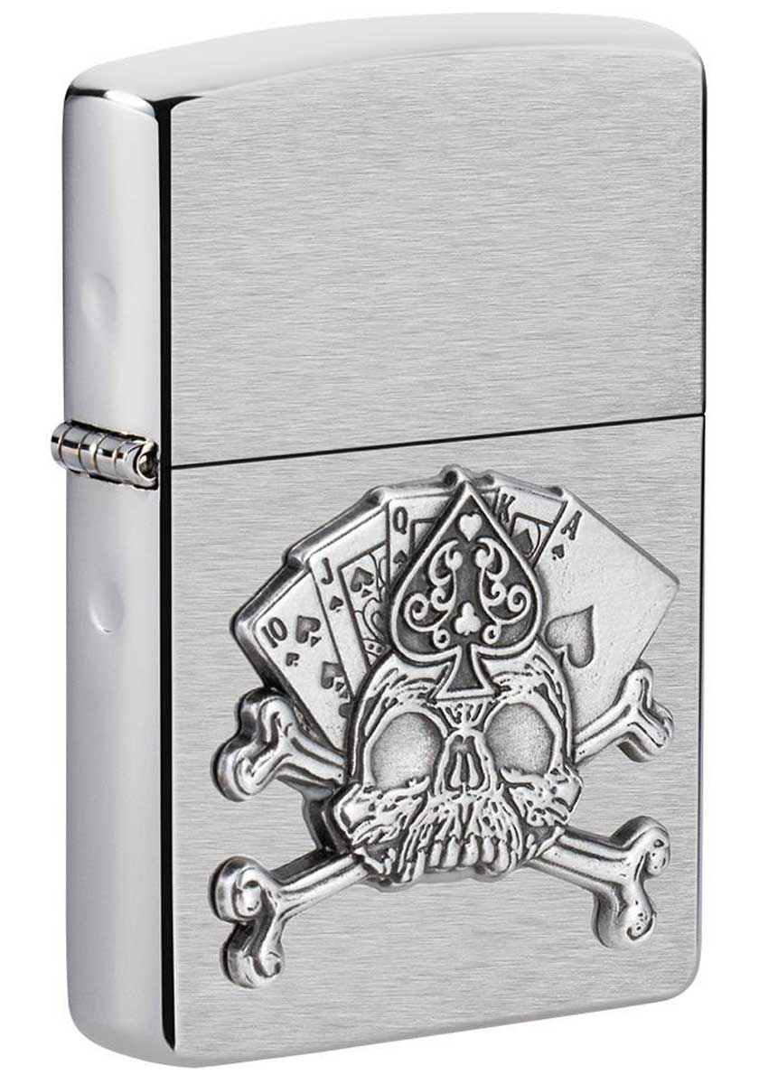 Zippo ジッポー トランプ スカル ドクロ 骸骨 Card Skull Emblem Design エンブレム貼り ブラッシュドクローム 49293 メール便可