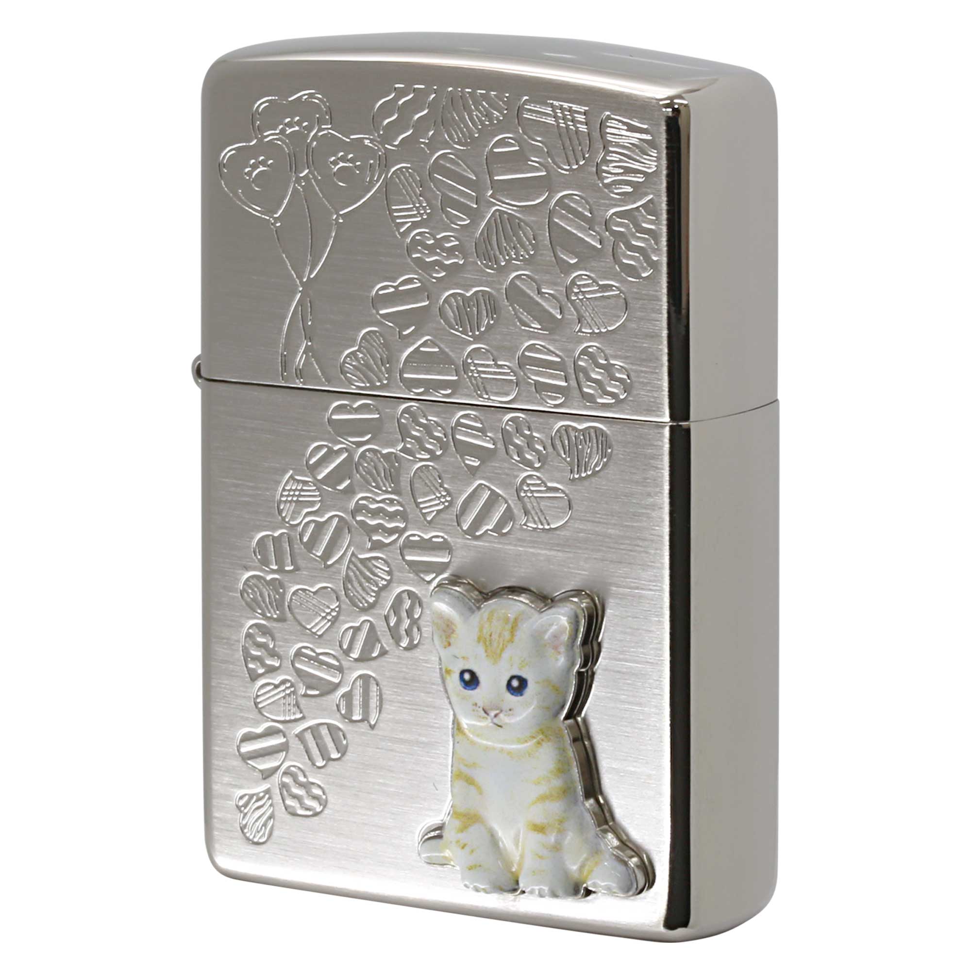 絶版/ヴィンテージ Zippo ジッポー 中古 2023年製造 Kitten Hearts 子猫 ハート ホワイトニッケル サテン  [S]ほぼ新品同様