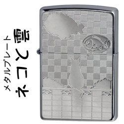 zippo ネコと雲 ブラッシュクローム メタルプレート貼り画像