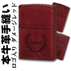 zippo(ジッポーライター)ZIPPOロゴ入り 革巻き 本革手縫い ジッポロゴ ダメージレッド 赤 三種類画像
