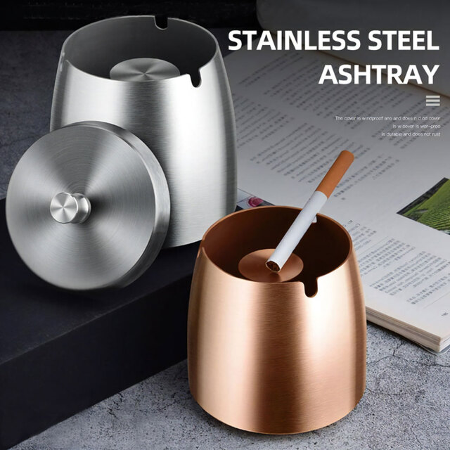 卓上灰皿 密閉度の高い蓋つきステンレス製アッシュトレー Lサイズ