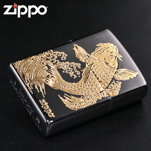 zippo(ジッポーライター)Carp 鯉 ブラックニッケル エッチング金サシ