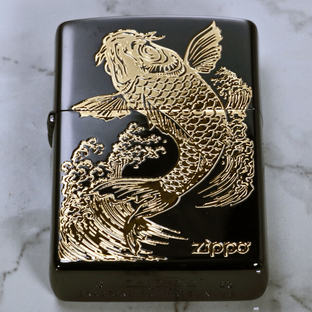 zippo(ジッポーライター)Carp 鯉 ブラックニッケル エッチング金サシ
