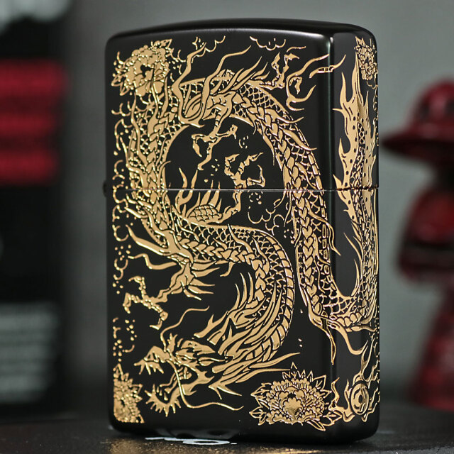 zippo ジッポーライター 2面龍 黒金 イオンブラック金差しメッキ 2面