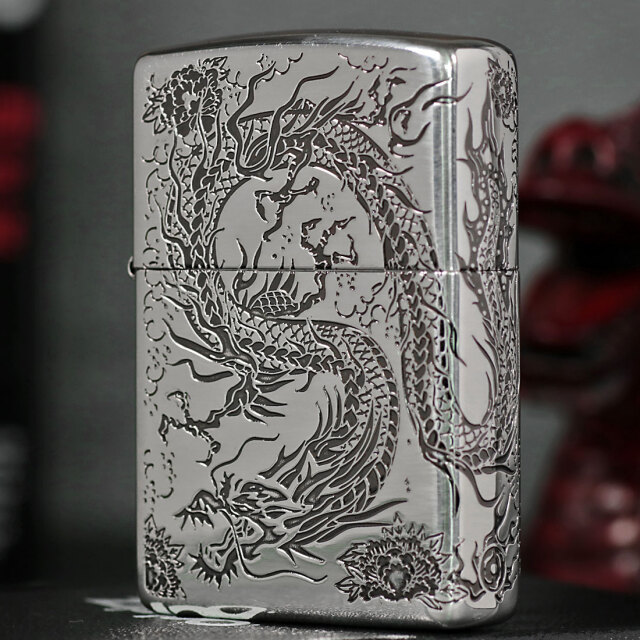zippo ジッポーライター 2面龍 銀イブシ 2面連続エッチング シルバー  