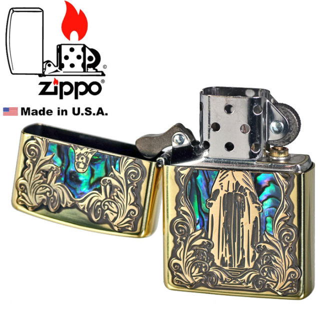 送料無料 zippo ジッポーライター シェル（貝貼り）マリア 真鍮