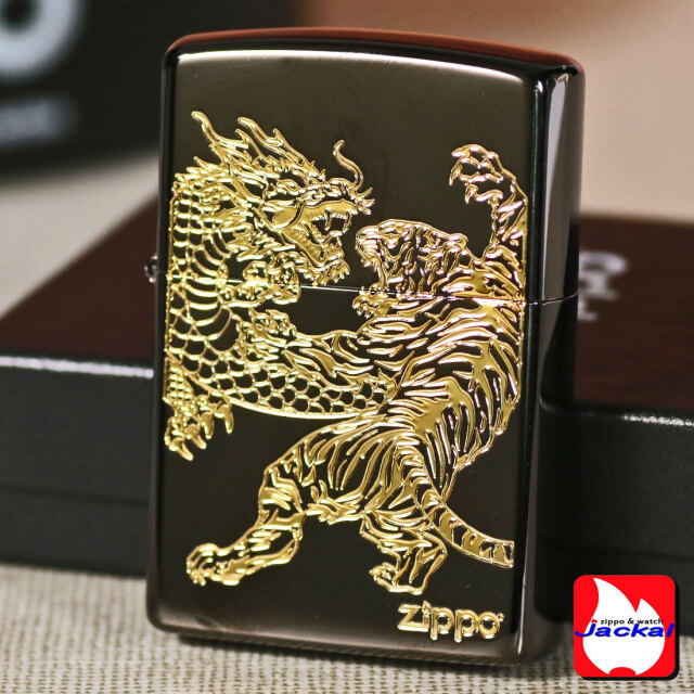 ZIPPO ジッポ-ライター 龍虎黒金 BNiミラー 金コンビ エッチング 躍動