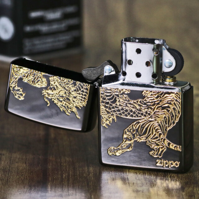 ZIPPO ジッポ-ライター 龍虎黒金 BNiミラー 金コンビ エッチング 躍動