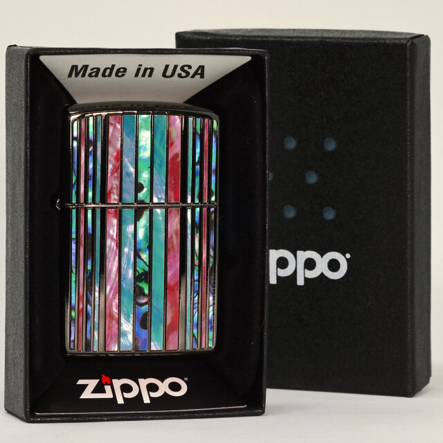 zippo ジッポーライター シェルマルチ ストライプ BK ブラックニッケル 天然貝貼り SHELL-MS-BK おしゃれ ギフト プレゼント  送料無料 ネコポス可 Zippo ジッポー SHELL STRIPE シェル ストライプ ブラック
