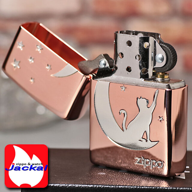 ZIPPO(ジッポーライター)月とネコ ピンクゴールドメッキ ニッケル