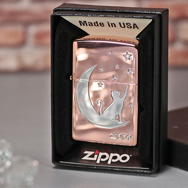 月光のしっぽ ZIPPO ジッポーライター 月とネコ ピンクゴールドメッキ ニッケル