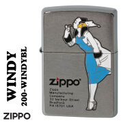zippo(ジッポー)ZIPPOキャラクター人気の「WINDY 」デザイン　#200ブラッシュクロ－ム　エッチング4色入れ　ブルー　かわいい　レトロモチーフ  青　プレゼント　送料無料 【ネコポス可】