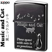 zippo(ジッポーライター)ミュージックキャット　黒ニッケルメッキ　メタル貼り2BKSM-MUSICCAT 送料無料【ネコポス可】