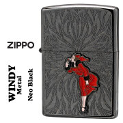 zippo(ジッポーライター)大人気「WINDY」メタル貼り　ネオブラック エッチング　WINDY-Metal-NB　かわいい キャラクター キュート レトロモチーフ メンズ レディース 赤 ギフト プレゼント 送料無料　【ネコポス可】