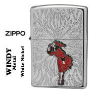 zippo(ジッポーライター)大人気「WINDY」メタル貼り　ホワイトニッケル エッチング　WINDY-Metal-WN　かわいい キャラクター キュート レトロモチーフ メンズ レディース 赤 ギフト プレゼント  送料無料【ネコポス可】