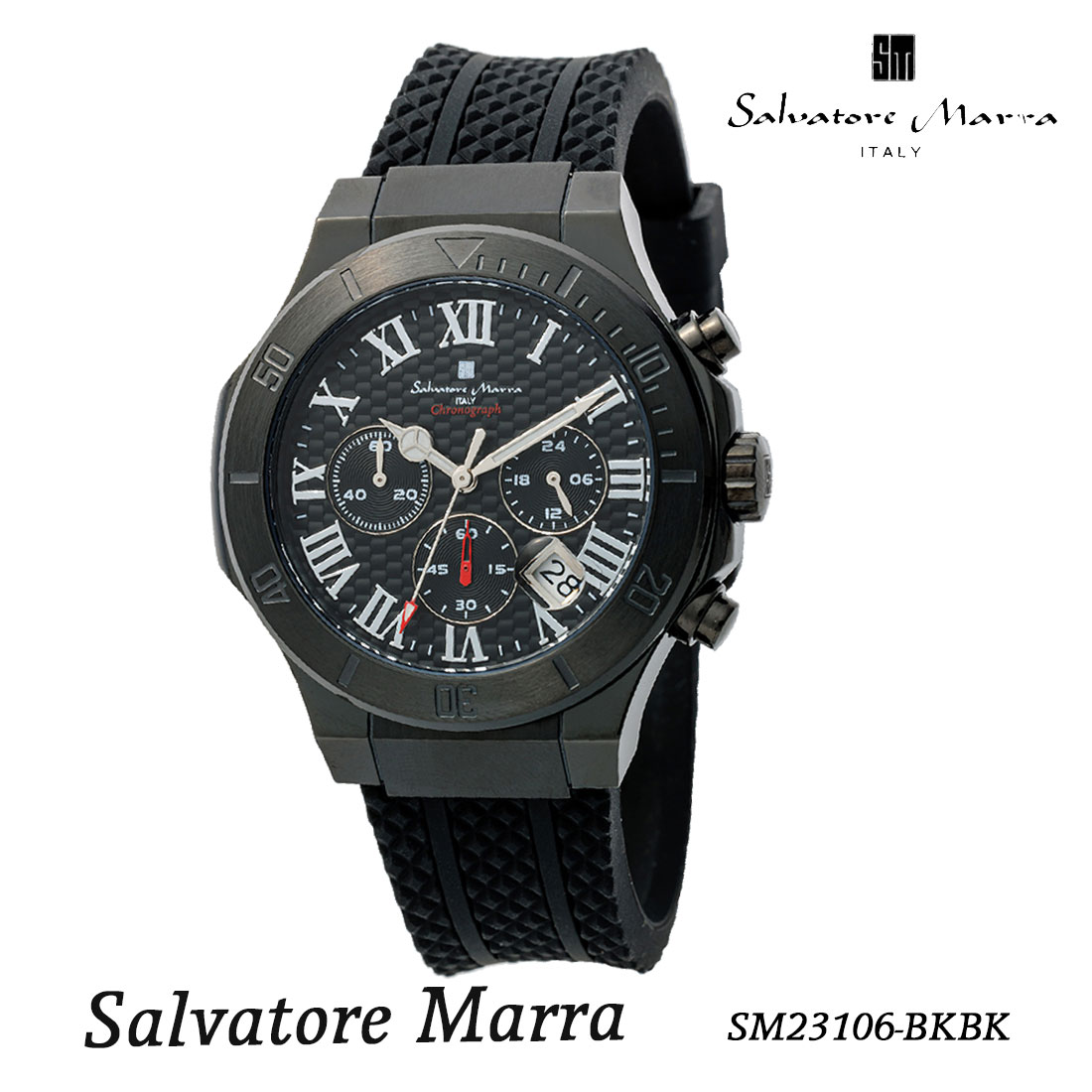 腕時計メンズ 【Salvatore Marra】サルバトーレマーラ メンズ 腕時計 クロノグラフ 5気圧防水 ラバーベルト　SM23106-BKBK画像