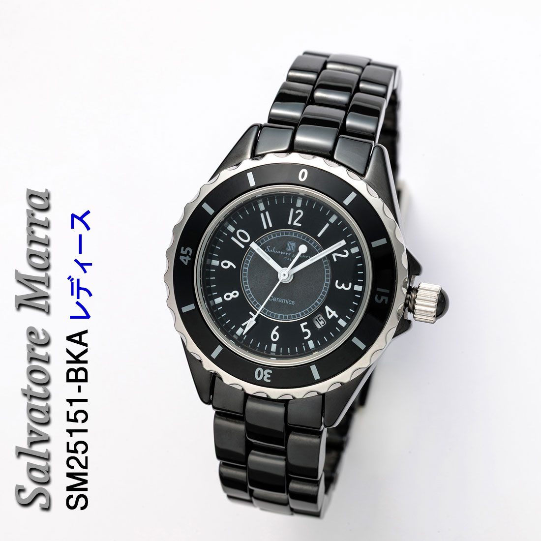 腕時計 レディース Salvatore Marra セラミック 3気圧防水 セラミックベルト アラビアインデックス SM25151-BKA画像