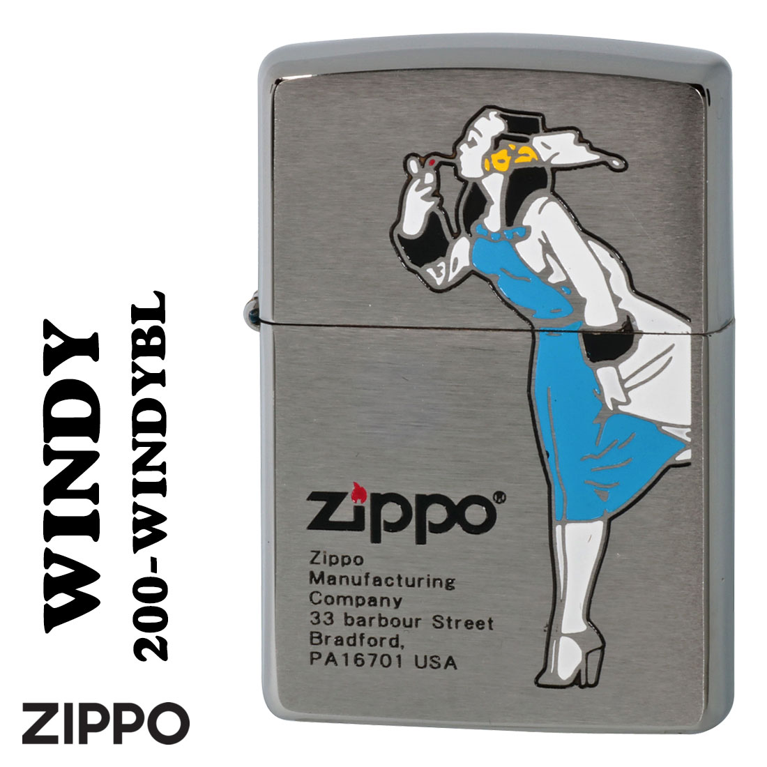 ZIPPO/ZIPPOキャラクター人気の「WINDY」デザイン　#200ブラッシュクロ－ム　エッチング4色入れ　ブルー　BL画像