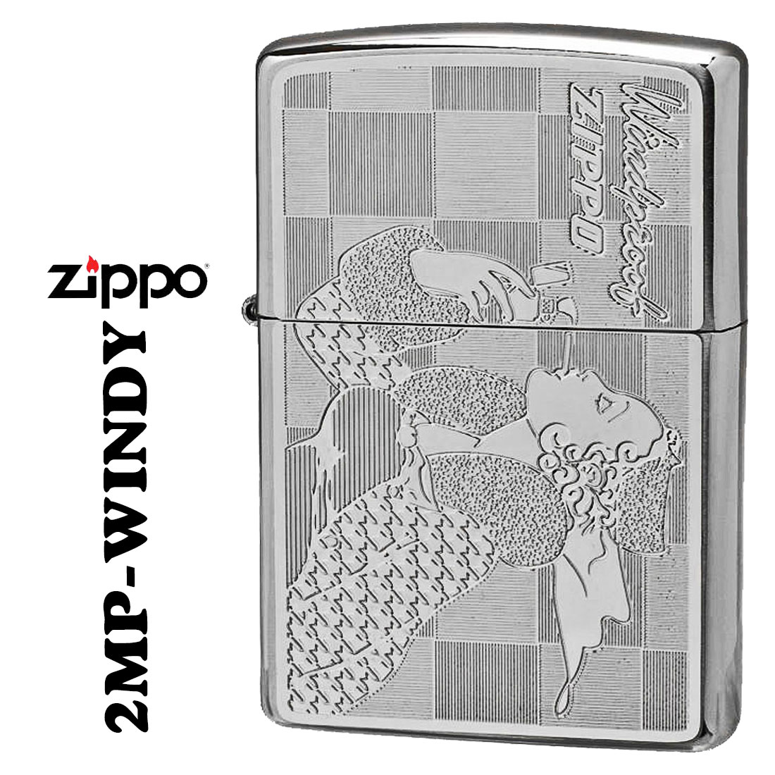 ZIPPO/人気の「WINDY」デザイン　#200FBベース  プレート貼り付け　ホワイトニッケル　オイルライター　2MP-WINDY画像　