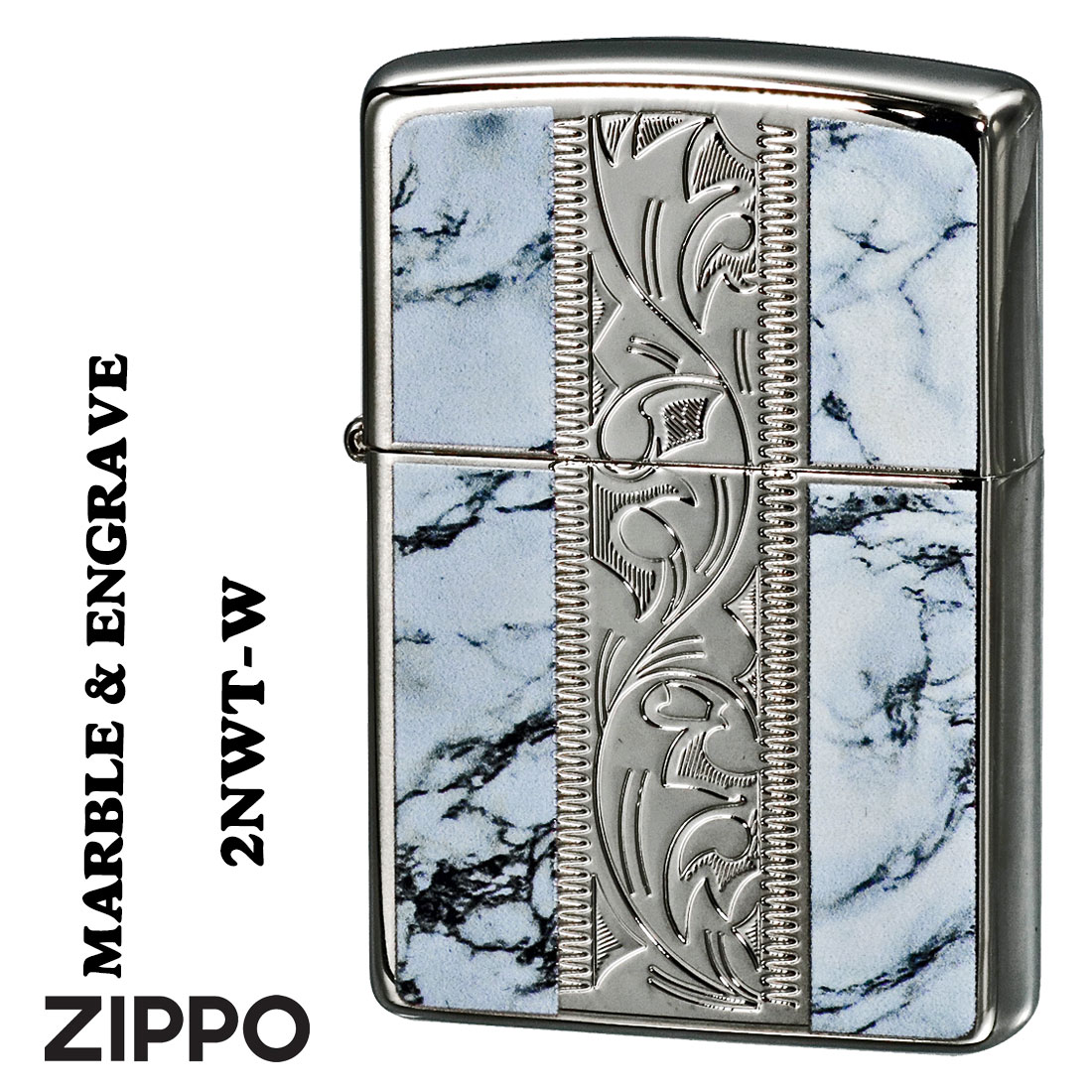 ZIPPO/MARBLE&ENGRAVE ニッケルメッキ  ホワイト　大理石調　唐草　アラベスク　2NWT-W画像
