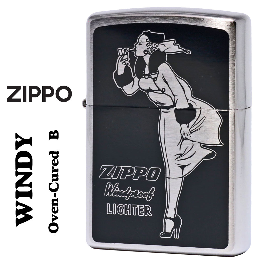 ZIPPO/人気の「WINDY」デザイン　ウィンディ プリント(Oven-Cured)  B ブラック オイルライター　P-WINDY-B画像