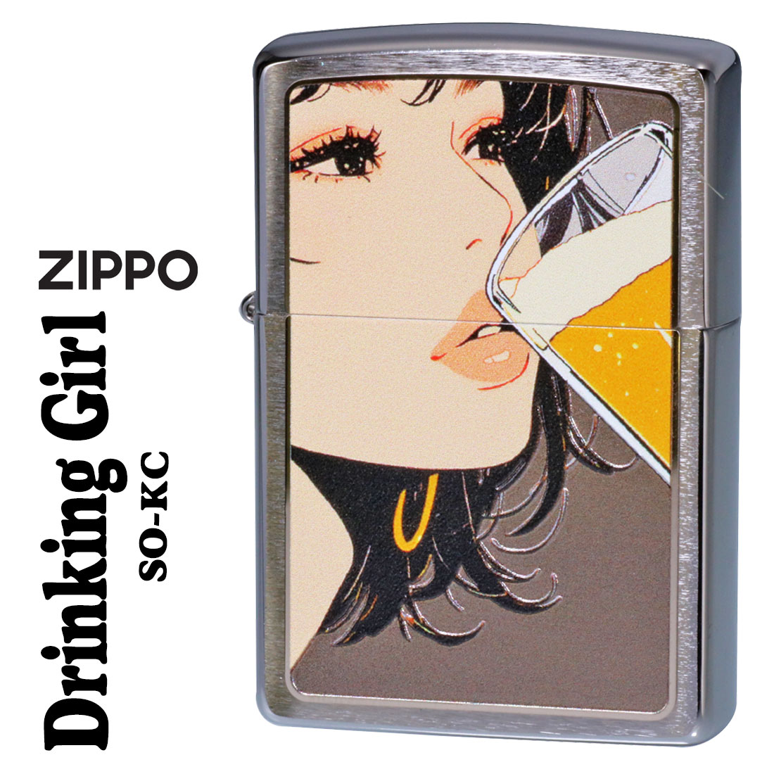 ZIPPO/ガール柄　Drinking Girl ドリンキング ガール ブラッシュクローム イラスト プリントメタル貼り　SO-KC画像