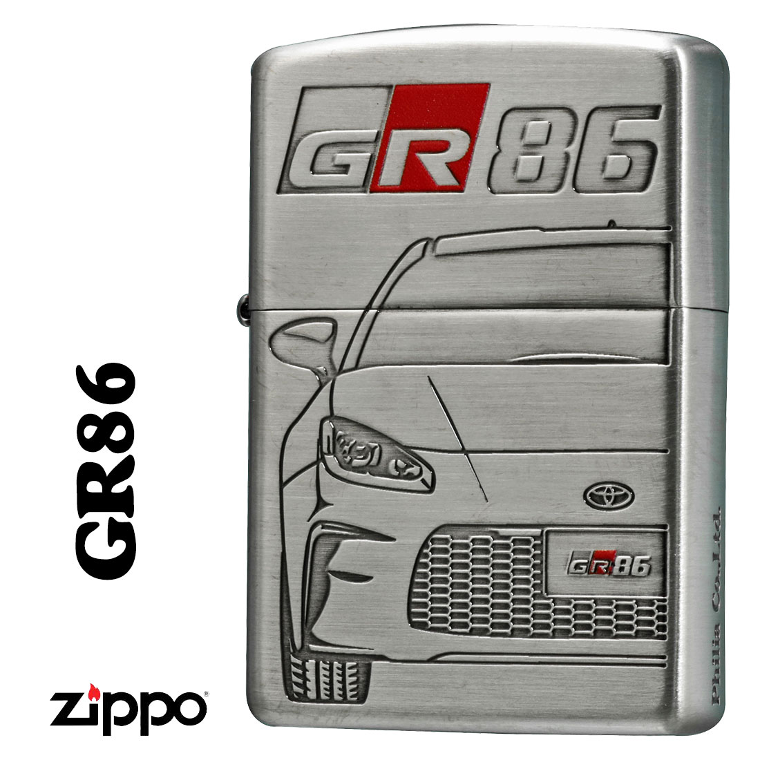 zippo(ジッポーライター)TOYOTA 　GR86 トヨタ自動車公式認定 銀サテン古美両面エッチング+一部色入れ　TOYO-GR86画像