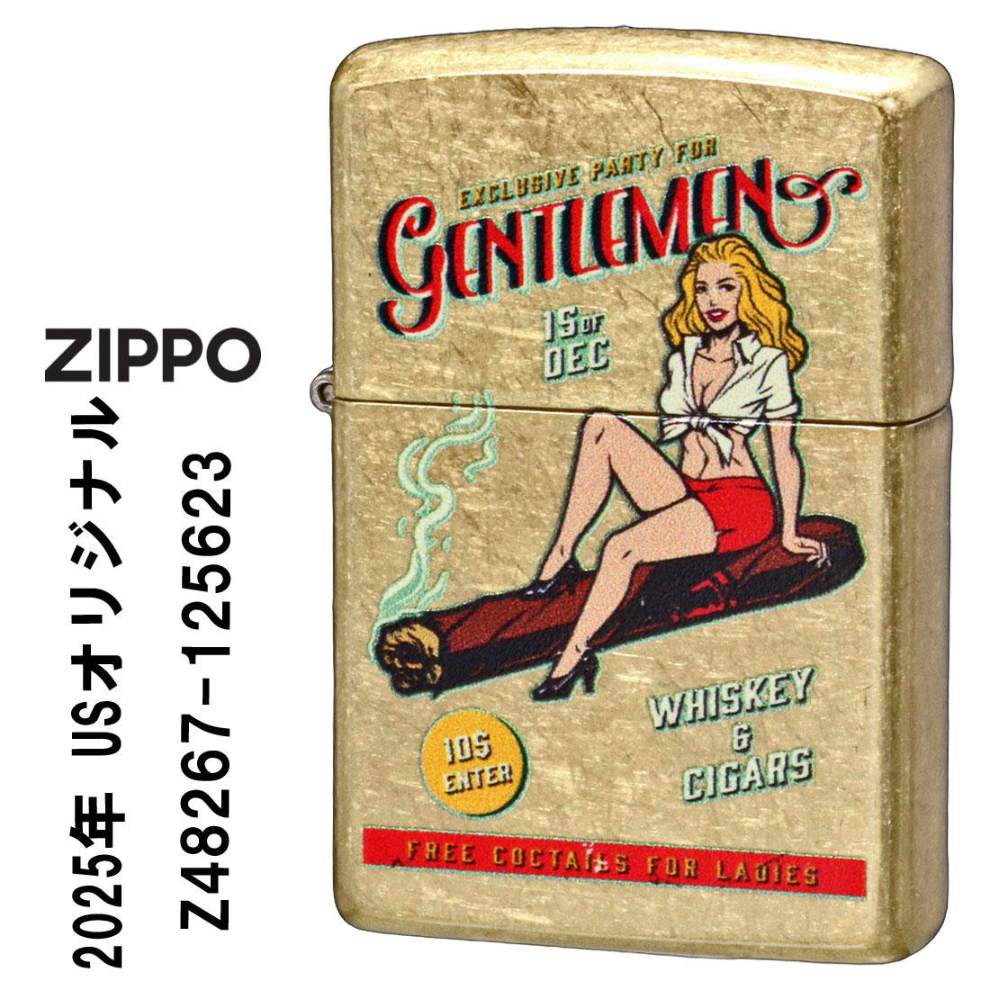 ZIPPO/USオリジナルZIPPO 2025 ガール柄 WHISKEY AND CIGAR ストリートブラス プリント加工 Z48267-125623画像1